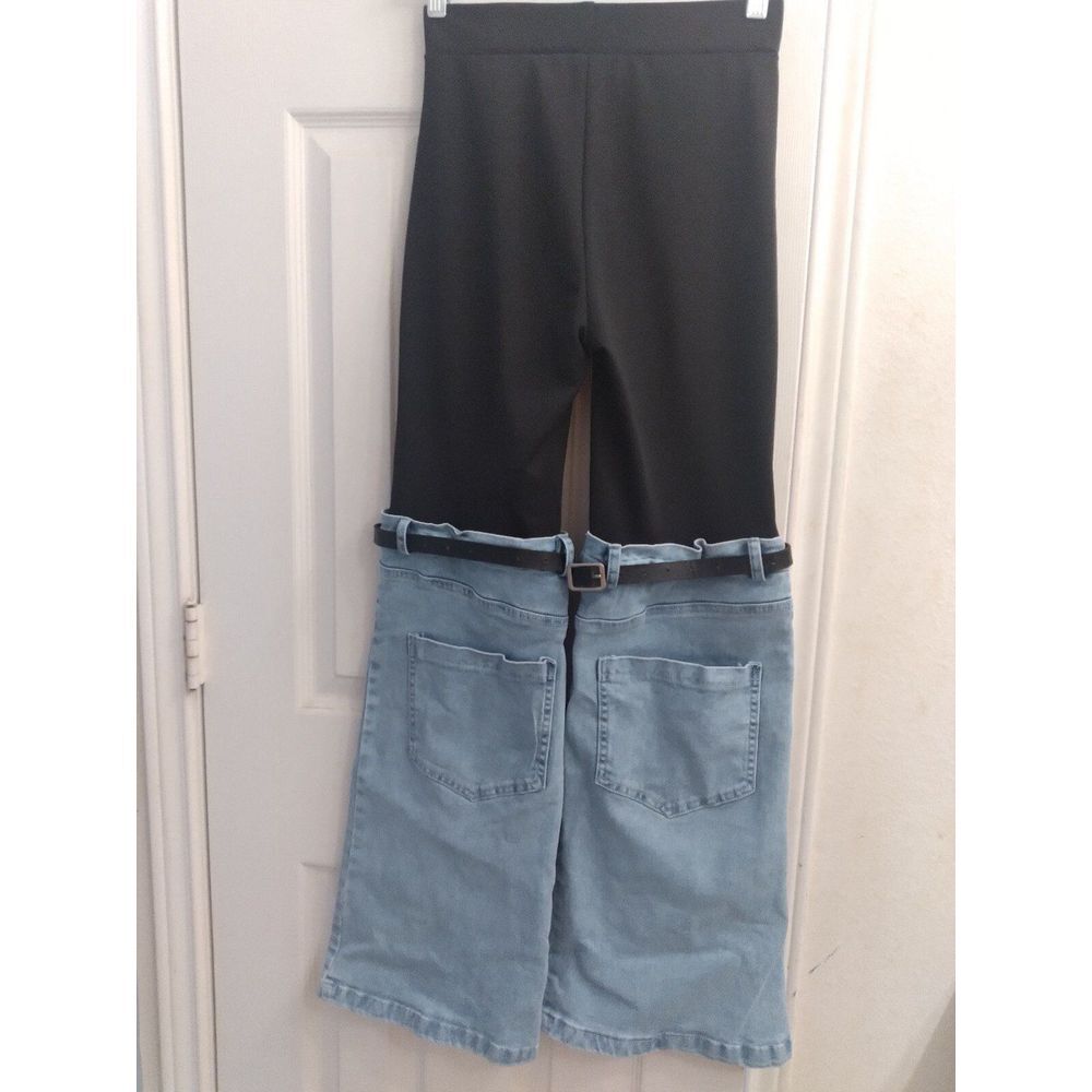Unique Two-Tone Denim & Legging Hybrid Pants Light Blue & Black Statement‎ Piece